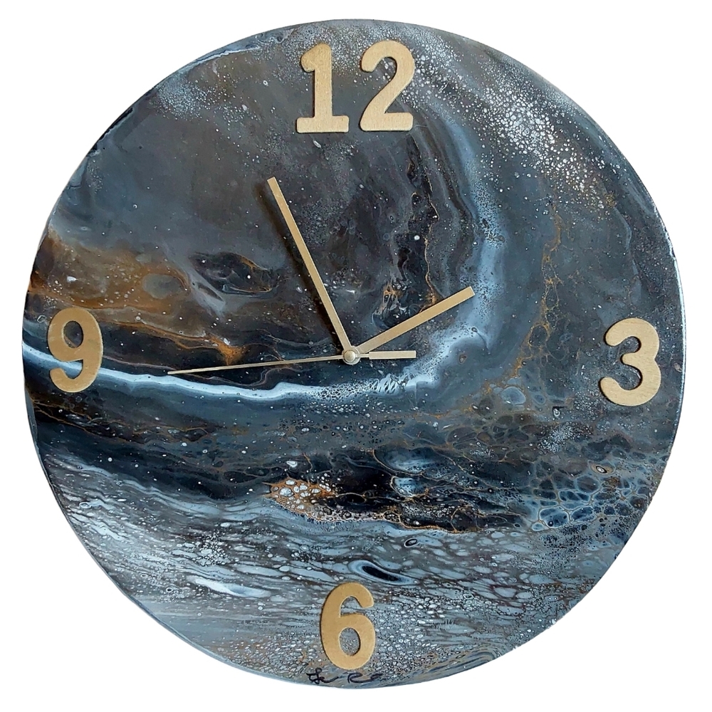 Handmade Gold Gray Black Wall Clock, Modern Abstract Painted Wood Home Decor